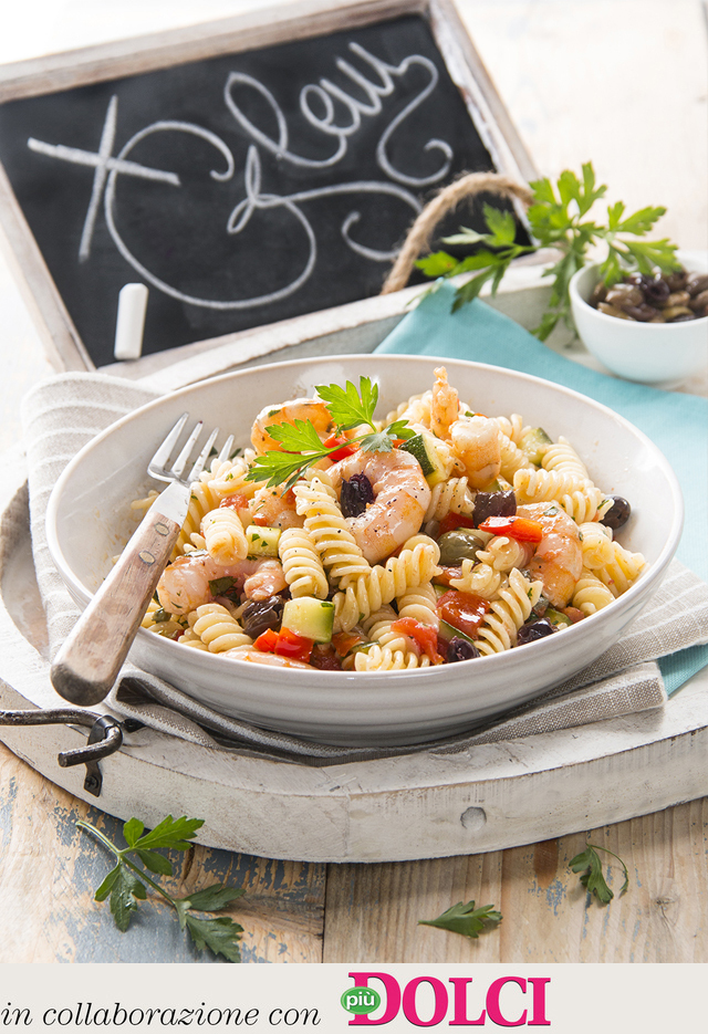 Fusilli aux petits légumes, olives et écrevisses