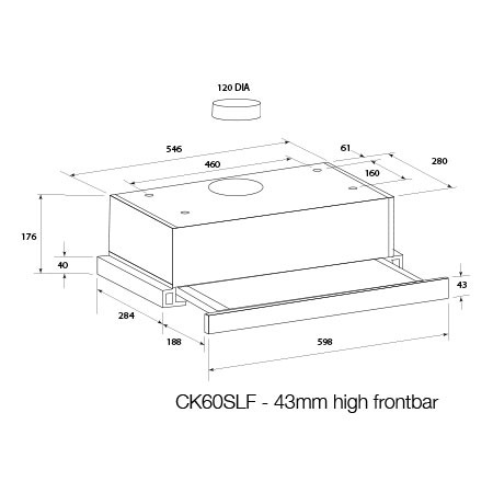 Technical drawing 60cm SS slide out DUCTED rangehood - CK60SLF - Glem Gas