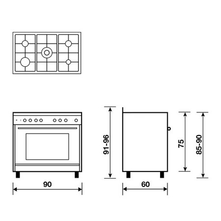 Dessin technique Cuisinière mixte catalyse 90 x 60 cm noire/inox - GE960CVBK2 - Glem Gas