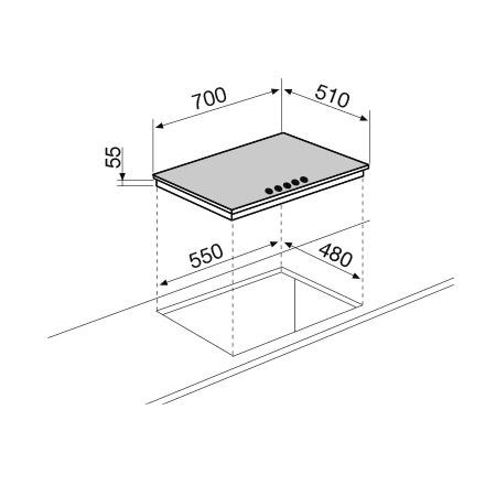 Disegno tecnico Piano cottura Cristallo 70 cm - GV755BK - Glem Gas