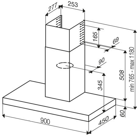 Technical drawing Hoods Wall 90 cm - GHB98IX - Glem Gas