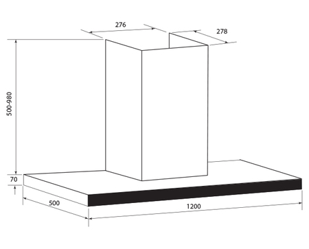 Technical drawing 120cm T Bar Rangehood - GQA120TB - Glem Gas