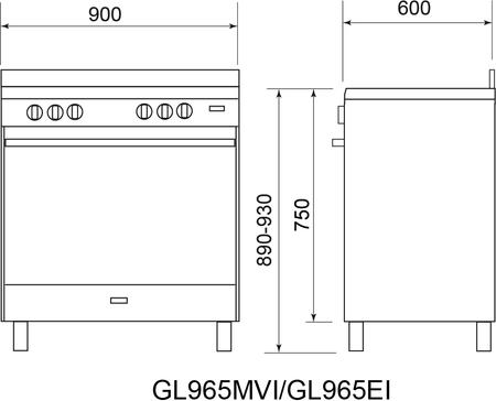Technical drawing 90x60 Stainless Steel cooker with Fan Forced electric oven - GL965EI - Glem Gas