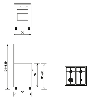 Dessin technique Gazinière émail lisse 53 x 50 cm blanche - GA551GWH - Glem Gas