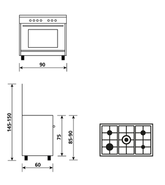 Dessin technique Cuisinière gaz émail lisse 90 x 60 cm inox - GA960MIX2 - Glem Gas