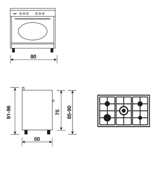 Dessin technique Cuisinière rustique électrique catalyse 80 x 50 cm noire/inox - GU850CER - Glem Gas