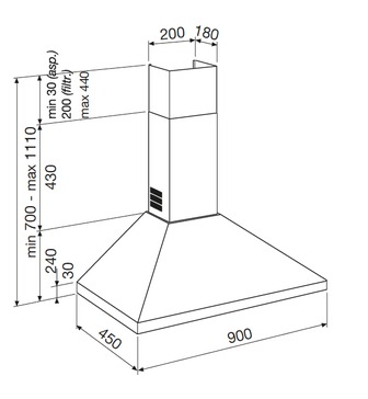 Technical drawing WALL CHIMNEY HOOD - GHP940IX - Glem Gas