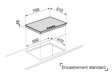 Dessin technique Table verre gaz 5 foyers 70 cm noire - GV755HBK - Glem Gas