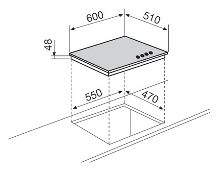 Dessin technique Table verre gaz 4 foyers 60 cm noire - GV64BK - Glem Gas