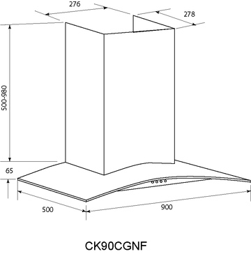 Technical drawing 90 cm Stainless Steel Curved Glass canopy - CK90CGNF - Glem Gas