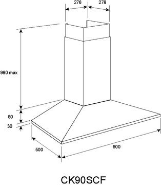 Technical drawing NEW 90 cm Stainless Steel Slim Line Low Profile canopy rangehood - CK90SCF - Glem Gas