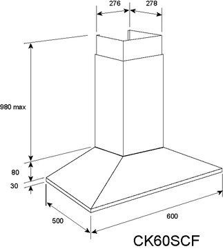 Technical drawing 60cm Stainless Steel Slim Line Low Profile Rangehood  - CK60SCF - Glem Gas