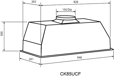 Technical drawing 85cm Commercial style under Mount Rangehood - CK85UCF - Glem Gas