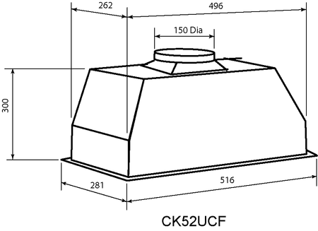 Technical drawing 52cm Commercial style under mount rangehood - CK52UCF - Glem Gas