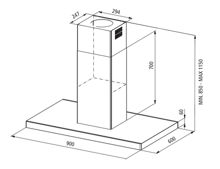 Technical drawing Isle hood 90 cm - GHIB98IX - Glem Gas