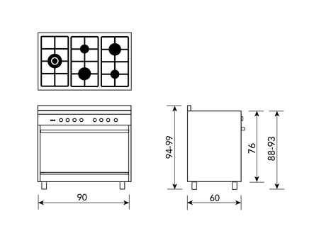 Technical drawing PREMIUM  MATT Black 90cm BI ENERGY Cooker - GS965DOPXMB - Glem Gas