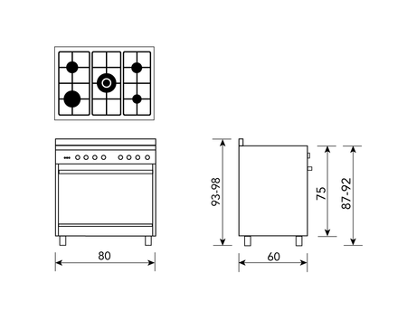 Technical drawing 80cm MATT Black Dual Fuel Cooker - GA865GEMB - Glem Gas