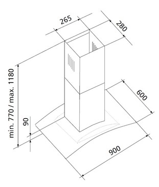 Dessin technique Hotte îlot verre galbé 90 cm verre/inox - GHI9100IX - Glem Gas