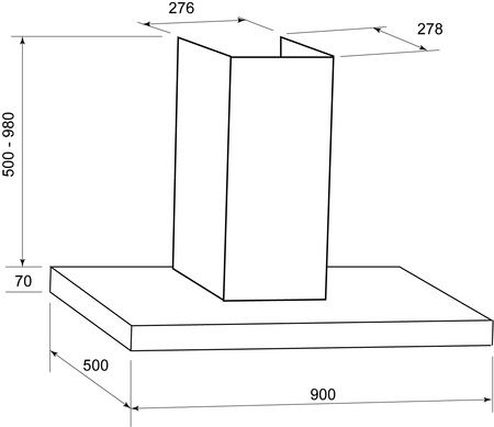 Technical drawing 90 cm SS Square profile canopy with Shadow Proof Lighting - CK90TBLED - Glem Gas