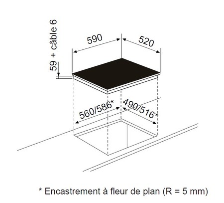 Dessin technique Table induction 3 zones bridge 60 cm - GTIB63BK - Glem Gas