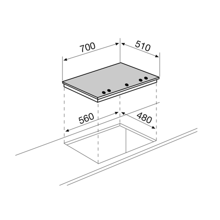 Disegno tecnico Piano cottura in cristallo - GV755XBK - Glem Gas