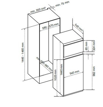 Dessin technique Réfrigérateur 2 portes intégrable niche 145 cm - ARI1450 - Glem Gas