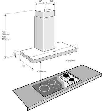 Technical drawing 120 cm SS Square profile Off Board canopy with Shadow Proof Lighting - GQA120TBLED - Glem Gas