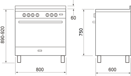 Technical drawing VALUE 80cm Stainless Steel dual fuel cooker - GB865GE - Glem Gas