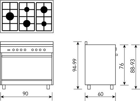 Technical drawing PREMIUM Matt Black 90cm Gas Cooker - GS965GGMB - Glem Gas