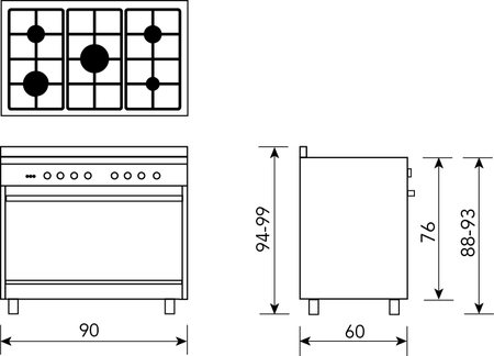 Technical drawing 90cm Matt Black GAS cooker - GA965GGXMB - Glem Gas