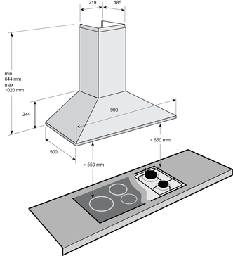 Technical drawing VALLUE 90cm Stainless Steel Canopy Rangehood - CK90FP - Glem Gas