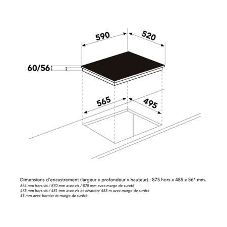 Dessin technique Table induction E•Line, 3 zones, foyer extra-large, 60 cm - GTI630ESL - Glem Gas