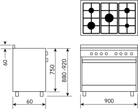 Technical drawing 90cm Stainless Steel Dual Fuel Cooker - GA965GE - Glem Gas