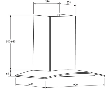 Technical drawing 90 cm Stainless Steel Curved Glass canopy - CK90CGNF - Glem Gas