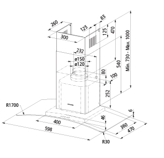 Technical drawing Wall Glass hood 60 cm - GHS68IX - Glem Gas