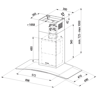 Technical drawing Wall Glass hood 90 cm - GHS98IX - Glem Gas