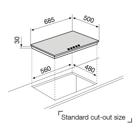 Technical drawing Gas Hob 70 cm black - GT755HBK - Glem Gas