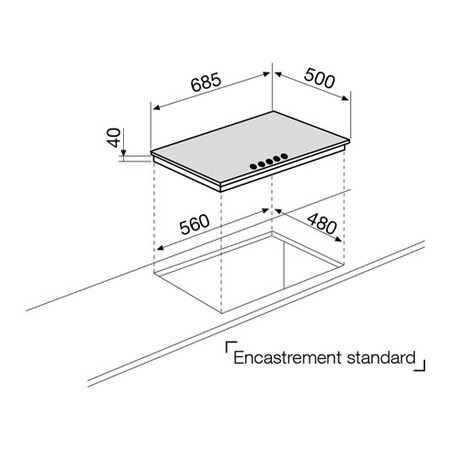 Dessin technique Table gaz 5 foyers 70 cm inox - GT755HIX - Glem Gas