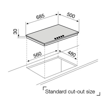 Technical drawing Gas Hob 70 cm white  - GT755HWH - Glem Gas