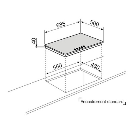 Dessin technique Table gaz 5 foyers 70 cm inox - GT755IX - Glem Gas