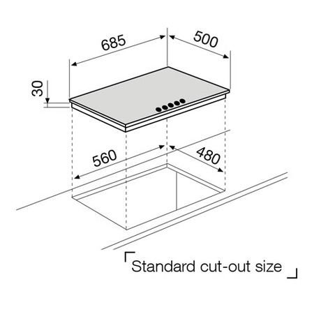 Technical drawing Gas Hob 70 cm white  - GT755WH - Glem Gas