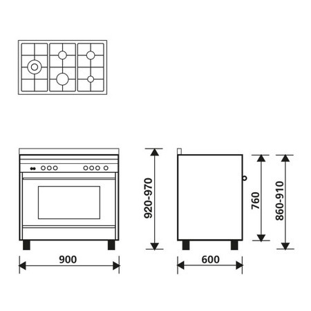 Technical drawing Multifunction Gas Oven with fan - MQB644RI - Glem Gas