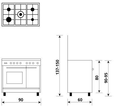 Technical drawing Multifunction gas oven with fan - PU9612RI - Glem Gas