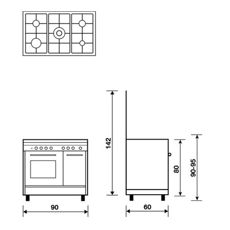 Technical drawing Multifunction oven with electric grill - PU9612WX - Glem Gas