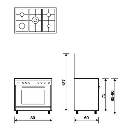 Technical drawing Multifunction gas oven with fan - UN8612RX - Glem Gas