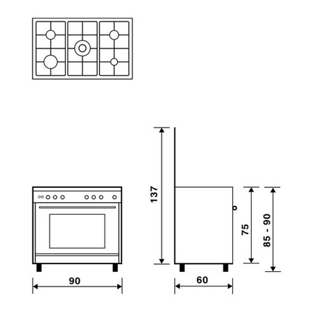 Technical drawing Multifunction gas oven with fan - UN9612RX - Glem Gas