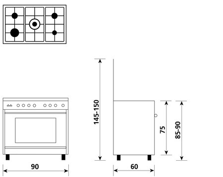 Technical drawing Multifunction oven with electric grill - UN9612WI - Glem Gas