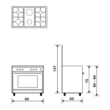 Technical drawing Multifunction gas oven with fan - UN9621WI - Glem Gas