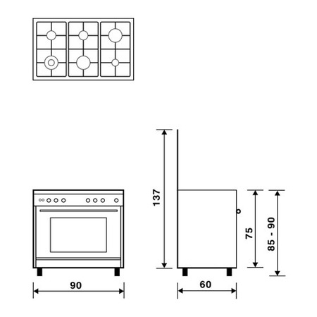 Technical drawing Multifunction gas oven with fan - UN9622RX - Glem Gas