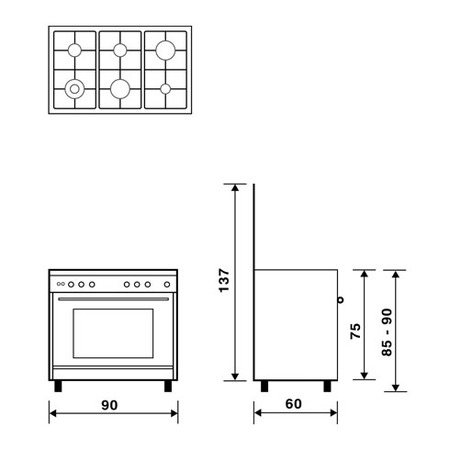 Technical drawing Multifunction gas oven with fan - UN9622WI - Glem Gas